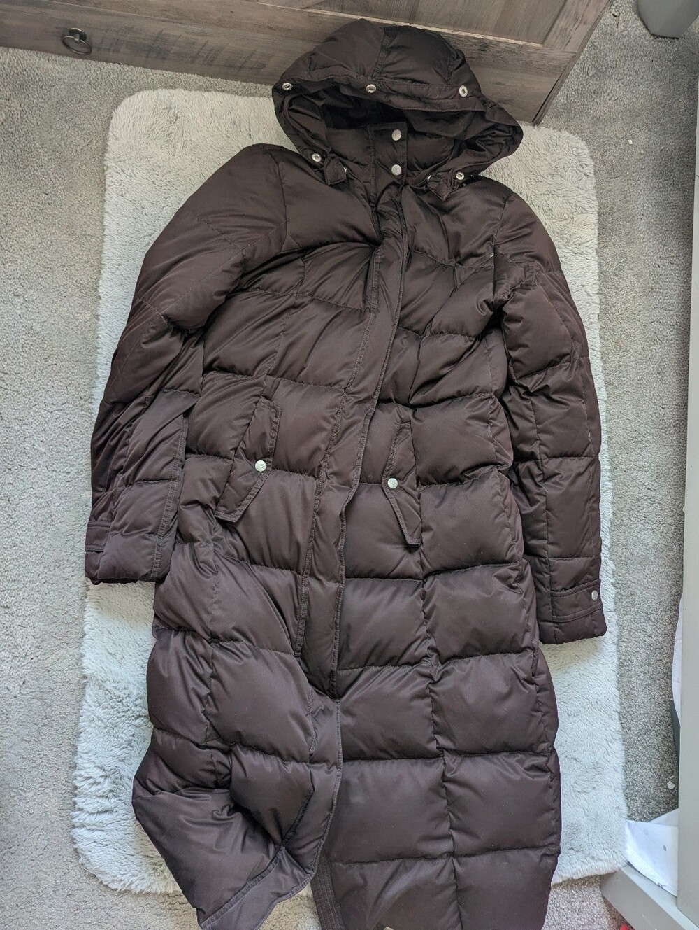 Eddie Bauer Long Dark Brown Womens Down Parka Coat, Removable Hood | Large Tall
